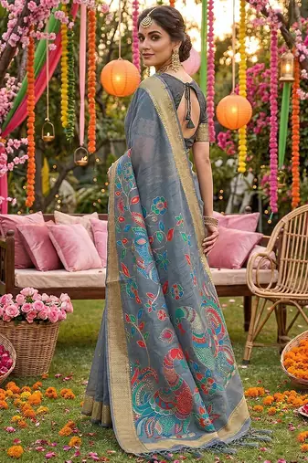 grey linen saree for women party wear ethnic designer saree