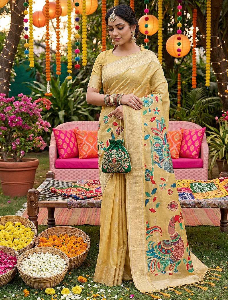 Sutriti mustard tissue silk saree for women festive wedding party wear ethnic saree