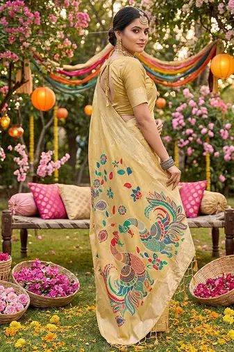 mustard tissue silk blend saree for women party wear 