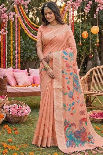 Sutriti peach linen saree for women festive wedding party wear ethnic designer saree