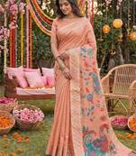 peach linen saree for women  party wear ethnic designer saree