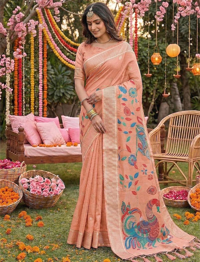 Sutriti peach linen saree for women festive wedding party wear ethnic designer saree