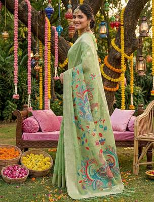 mehendi green linen saree for women party wear  3