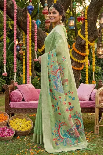 mehendi green linen saree for women party wear 