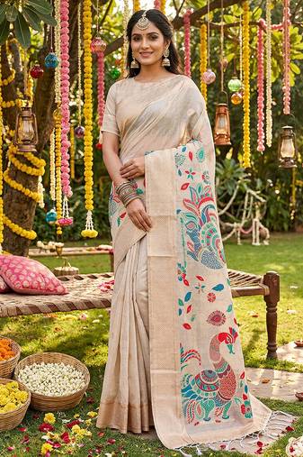 Sutriti beige tissue silk saree for women festive wedding party wear ethnic saree