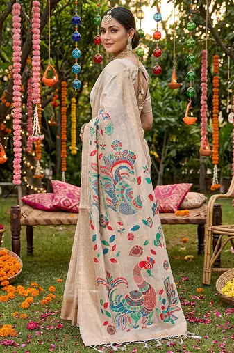 beige tissue silk blend saree for women party wear 