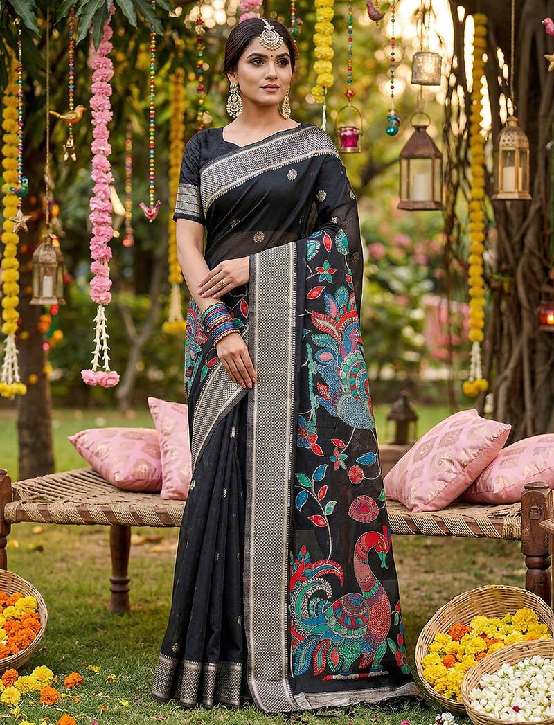 Sutriti black linen saree for women festive wedding party wear ethnic designer saree