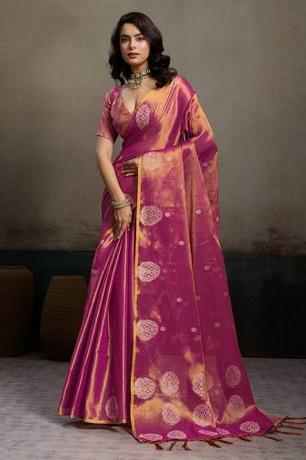 Sutriti women magenta purple woven tissue silk saree with mandala motifs