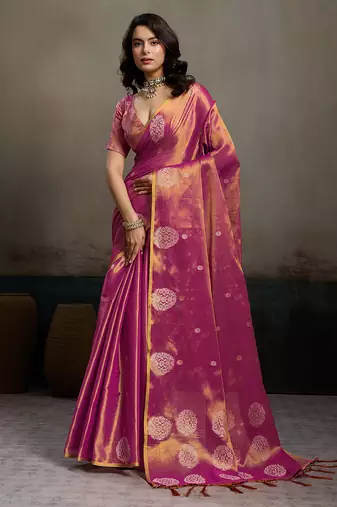 Sutriti women magenta purple woven tissue silk saree with mandala motifs