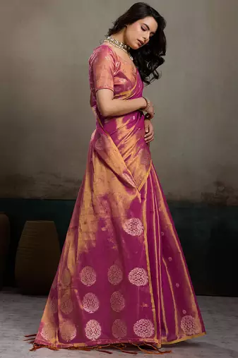 women magenta purple woven tissue silk blend saree with mandala motifs