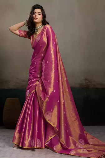women magenta purple woven tissue silk blend saree with mandala motifs