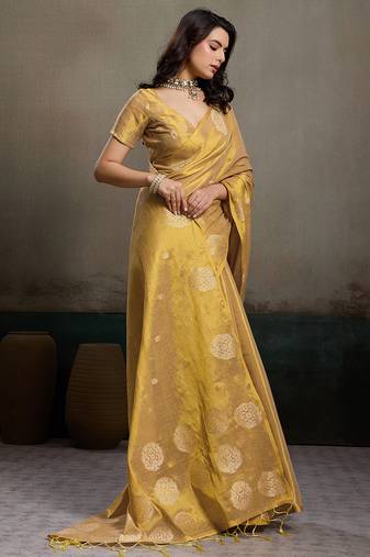 Sutriti women golden beige woven tissue silk saree with mandala motifs