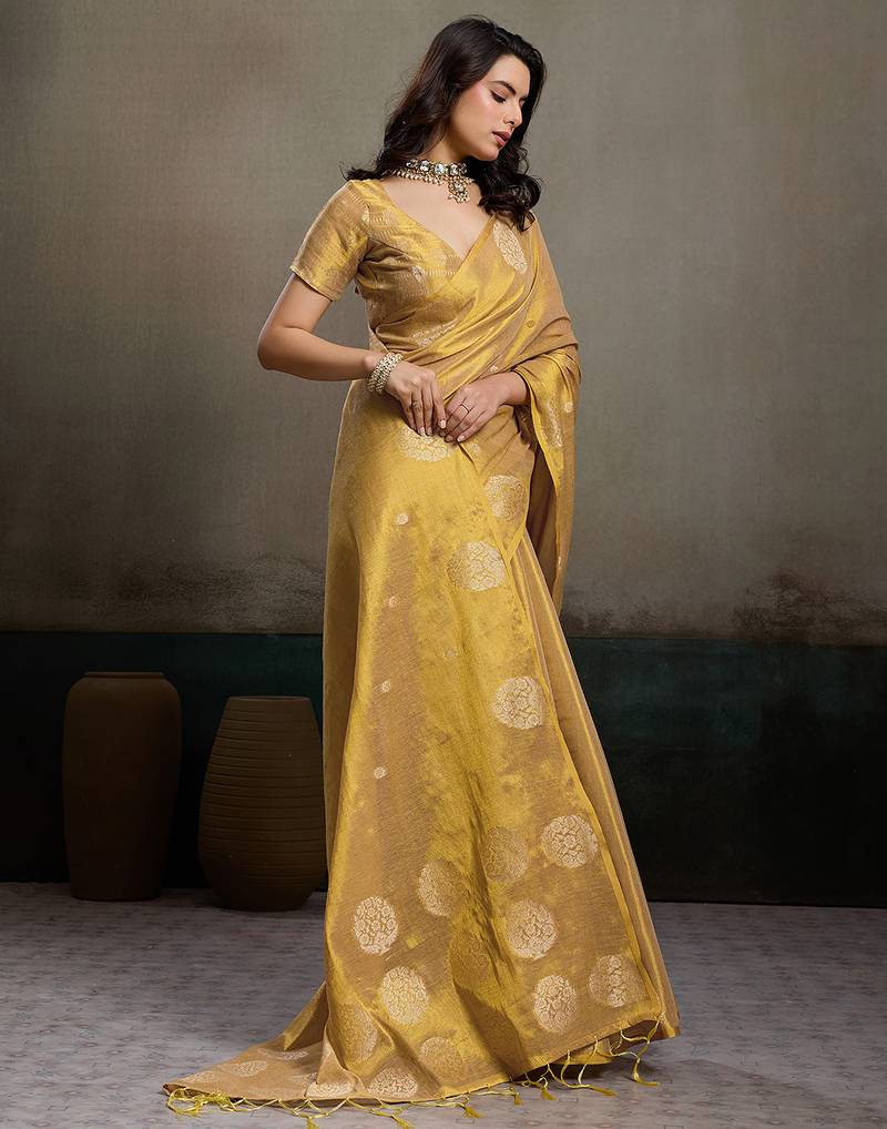 Sutriti women golden beige woven tissue silk saree with mandala motifs