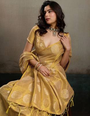 women golden beige woven tissue silk blend saree with mandala motifs 5