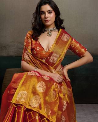 women rust orange woven tissue silk blend saree with mandala motifs 4