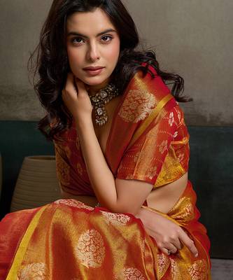 women rust orange woven tissue silk blend saree with mandala motifs 5