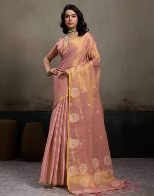 women peach & gold woven tissue silk blend saree with mandala motifs 1