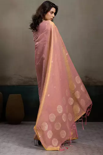 women peach & gold woven tissue silk blend saree with mandala motifs