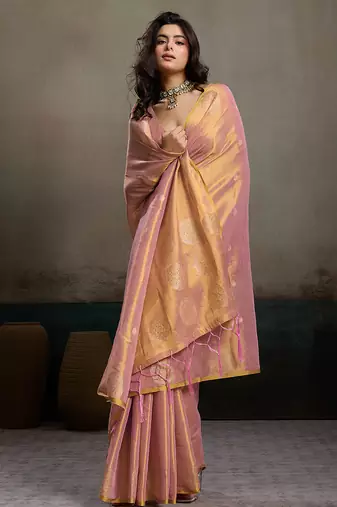 women peach & gold woven tissue silk blend saree with mandala motifs