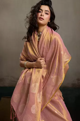 women peach & gold woven tissue silk blend saree with mandala motifs