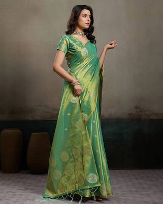 women sea green woven tissue silk blend saree with mandala motifs 2
