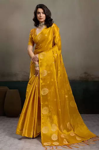 Sutriti women mustard yellow woven tissue silk saree with mandala motifs