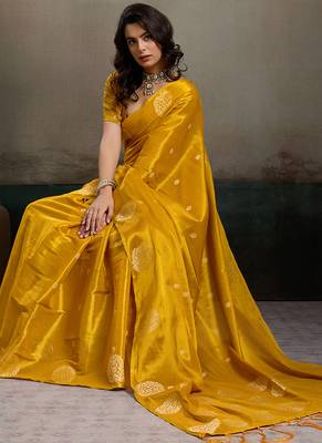 women mustard yellow woven tissue silk blend saree with mandala motifs 4