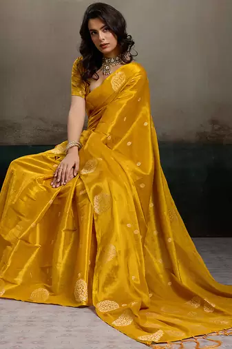 women mustard yellow woven tissue silk blend saree with mandala motifs