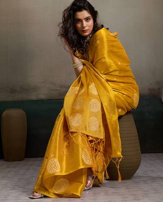 women mustard yellow woven tissue silk blend saree with mandala motifs 5