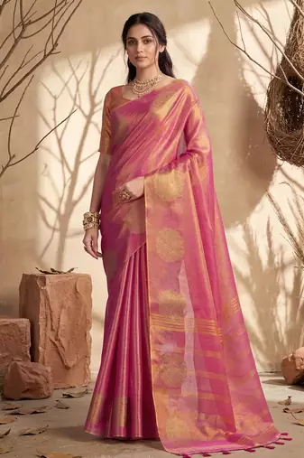 Sutriti rose pink tissue silk saree for women wedding festive party ethnic wear