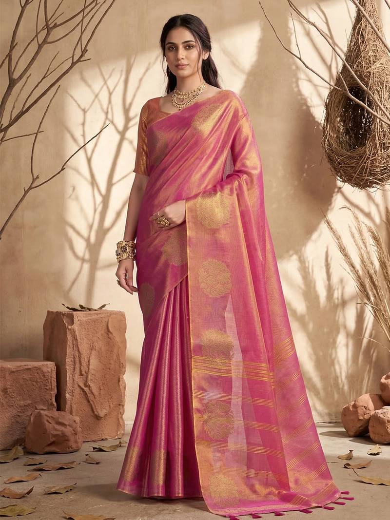 Sutriti rose pink tissue silk saree for women wedding festive party ethnic wear