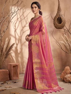 rose pink tissue silk blend saree for women wedding festive party ethnic wear 3