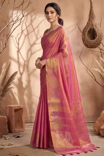 rose pink tissue silk blend saree for women wedding festive party ethnic wear