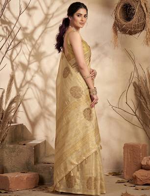 cream tissue silk blend saree for women wedding festive party ethnic wear 2