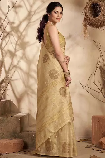 cream tissue silk blend saree for women wedding festive party ethnic wear