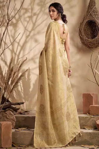 cream tissue silk blend saree for women wedding festive party ethnic wear