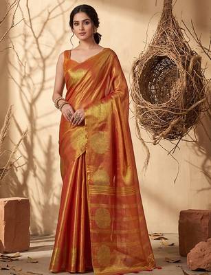 orange tissue silk blend saree for women wedding festive party ethnic wear 1