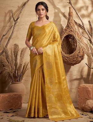 mustard tissue silk blend saree for women wedding festive party ethnic wear 1