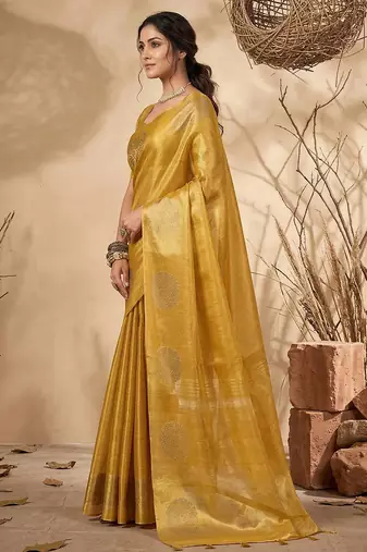 mustard tissue silk blend saree for women wedding festive party ethnic wear