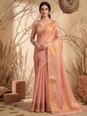 peach tissue silk blend saree for women wedding festive party ethnic wear 1