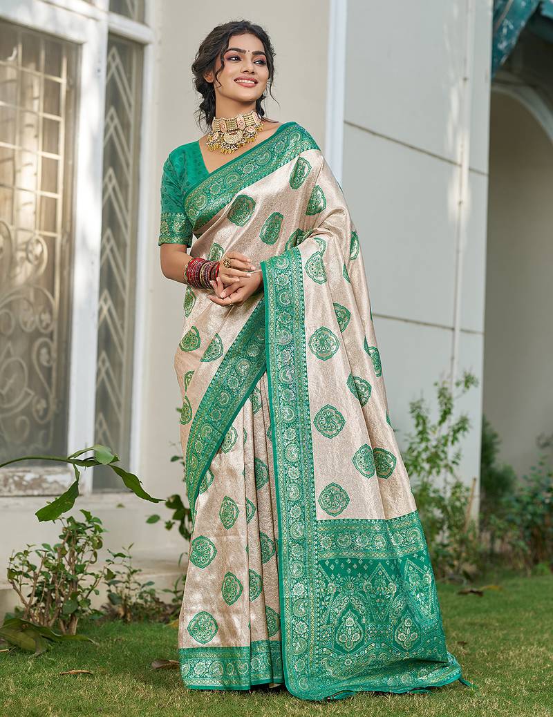 Sutriti women's beige banarasi silk saree with green border | festive wedding party ethnic wear