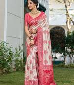 women's beige banarasi silk blend saree with red border 