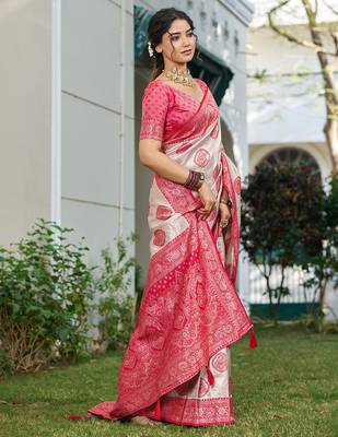 women's beige banarasi silk blend saree with red border  2