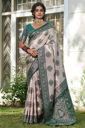 Sutriti women's beige banarasi silk saree with dark green border | festive wedding party ethnic