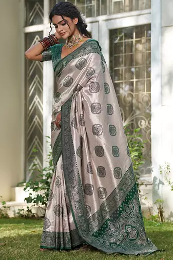 women's beige banarasi silk blend saree with dark green border 