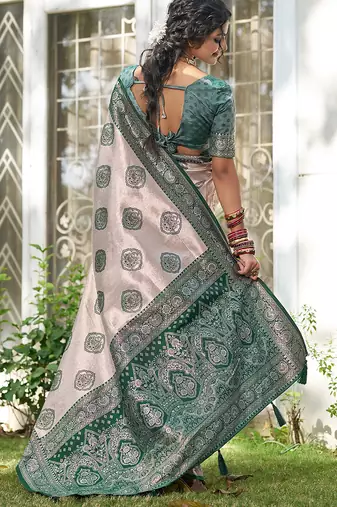 women's beige banarasi silk blend saree with dark green border 