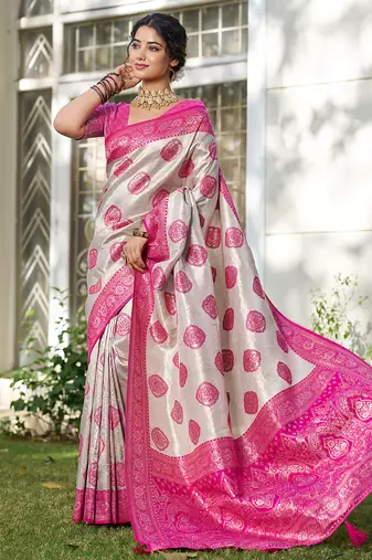 women's beige banarasi silk blend saree with rani pink border 