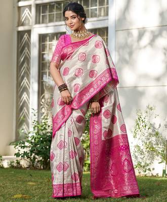 women's beige banarasi silk blend saree with rani pink border  4