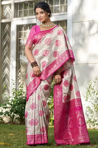 women's beige banarasi silk blend saree with rani pink border 
