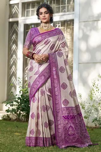 Sutriti women's beige banarasi silk saree with purple border | festive wedding party ethnic wear